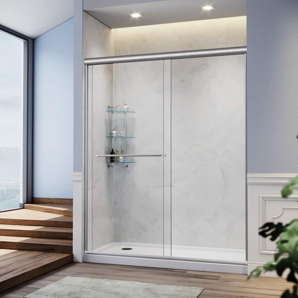Elegant Double Sliding Shower Door 58.5-60 x 72" Width Cutting Guide Rail Adjustment Reversible installation