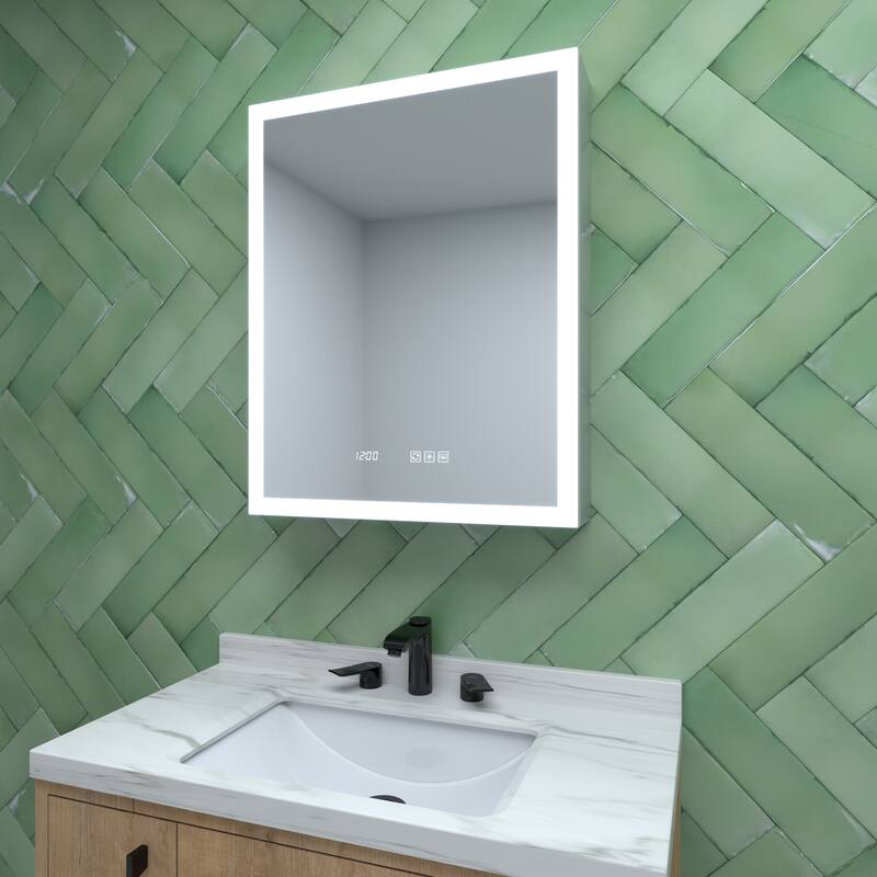 Rectangular Aluminum Recessed/Surface Mount Medicine Cabinet in Silver with Mirror LED and Clock