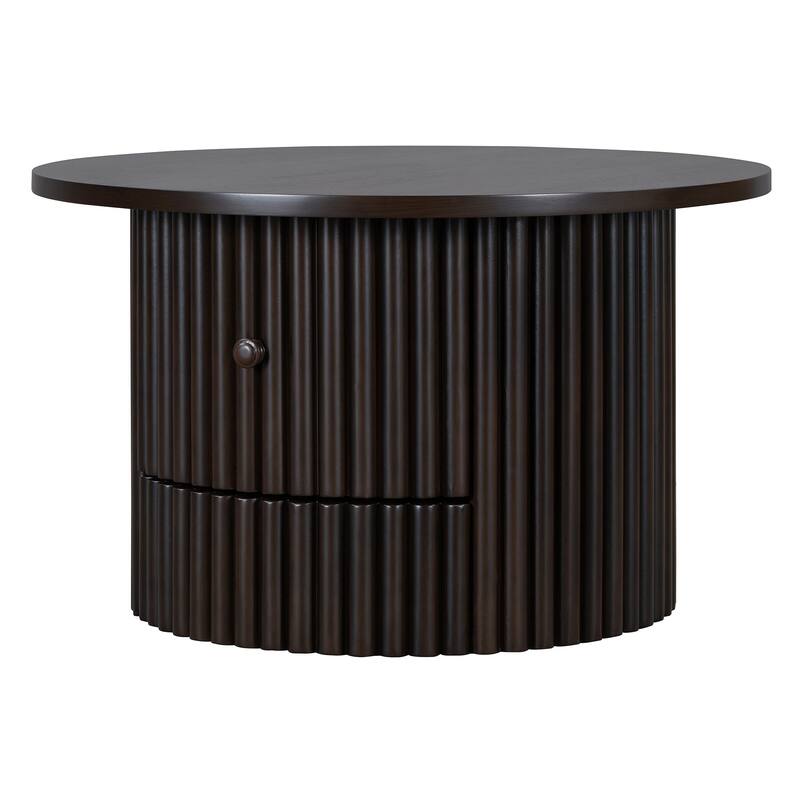 Round Coffee Table for Living Room in Dark Brown, Farmhouse Coffee Table with a Drawer, Center Table with Vertical Slat