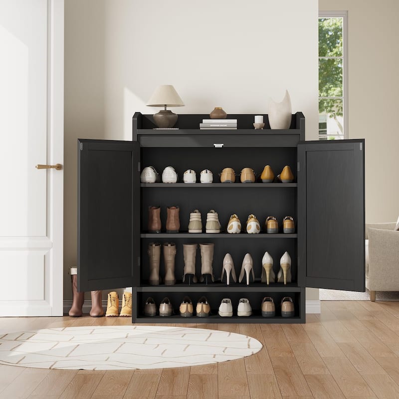 Rattan Shoe Cabinet with 2 Doors, 5-Tier Wooden Shoe Storage Organizer - Black