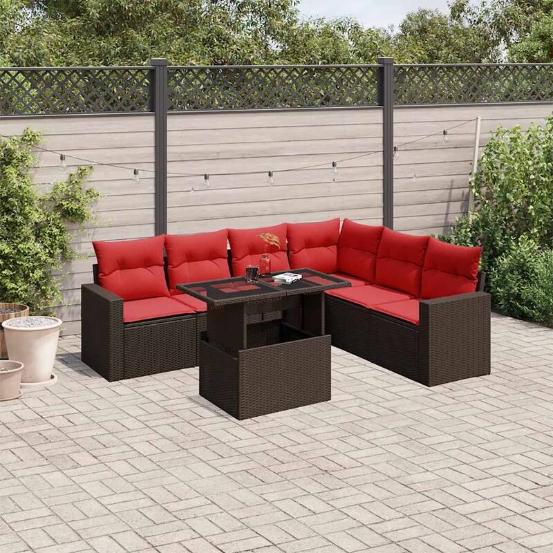 vidaXL 7 Piece Patio Sofa Set with Cushions Black/Brown/Gray Poly Rattan - 24.4 x 24.4 x 27.2 - Brown without storage