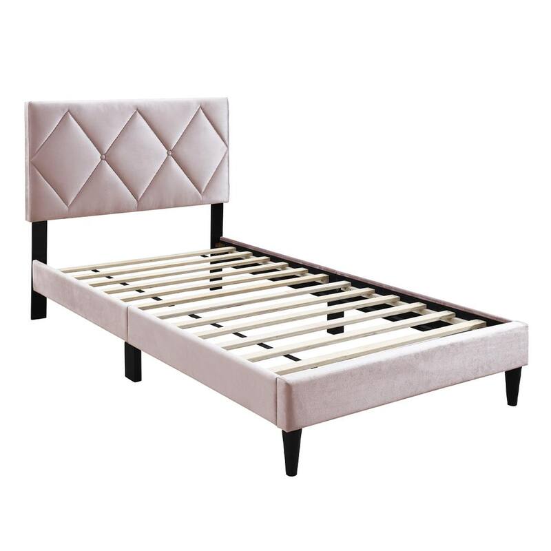 Lilian Twin Bed, Tufted Light Pink Velvet Upholstery, Diamond Stitch