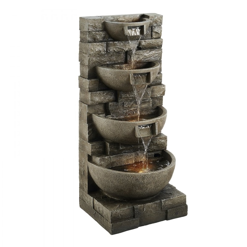 Gray 4-Layer Outdoor Water Fountain for Patio Garden Yard with Soothing Flow and LED Lighting - 15.16 x 13.19 x 35.63 in