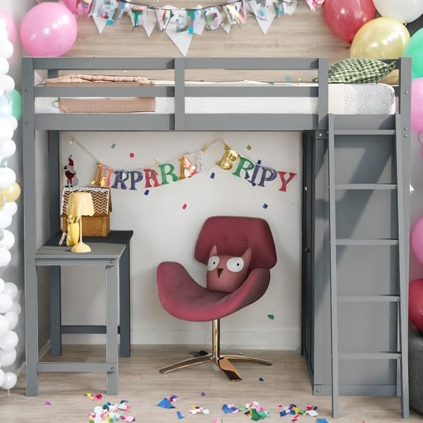 slide 2 of 27, Twin Size Loft Bed With Wardrobe and Desk and Shelves,Sturdy Construction and Eye-catching Design Grey