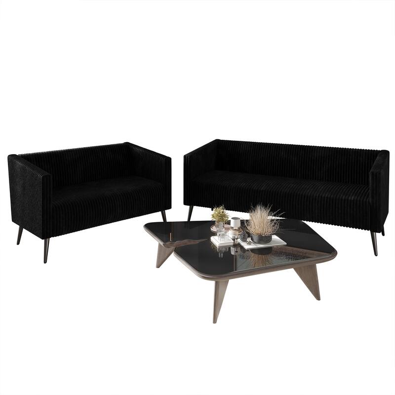 CraftPorch Corduroy Modern Velvet Upholstered 2-Piece Living Room Set - Black