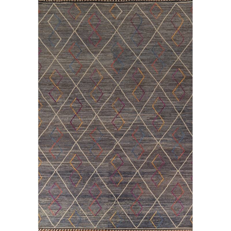 Gray & Blue Trellis Moroccan Area Rug Hand-Knotted Wool Carpet - 8'10"x 12'7"