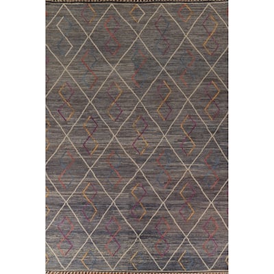 Gray & Blue Trellis Moroccan Area Rug Hand-Knotted Wool Carpet - 8'10"x 12'7"