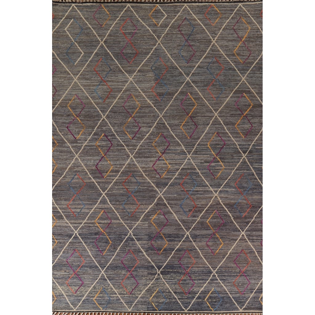 Gray & Blue Trellis Moroccan Area Rug Hand-Knotted Wool Carpet - 8'10"x 12'7"