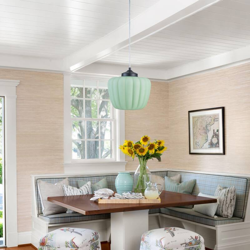 Modern 1-Light Green Lantern Glass Pendant Light for Kitchen Island, Dining Room