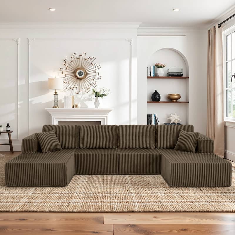U-Shaped Modular Sectional Sofa with Dual Chaise Lounges, Oversized Corduroy Boneless Couch, Compressed Sofa with Pillows