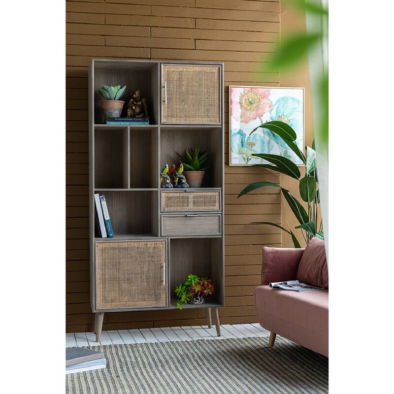 Modern Gray Cabinet with Woven Rattan Panels - Boho Storage Tower with Cubby Shelves for Any Room