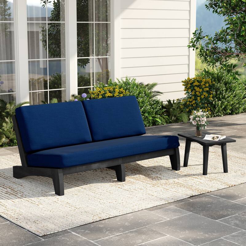 2-Piece Casual Teak Outdoor Patio Sofa Set with Side Table - Dark Wood - Navy