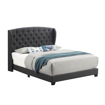 Queen Bed with Button Tufted Wingback Headboard, Dark Gray
