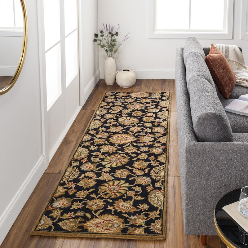 Livabliss Caesar Handmade Floral Wool Area Rug - 3' x 12' - Black
