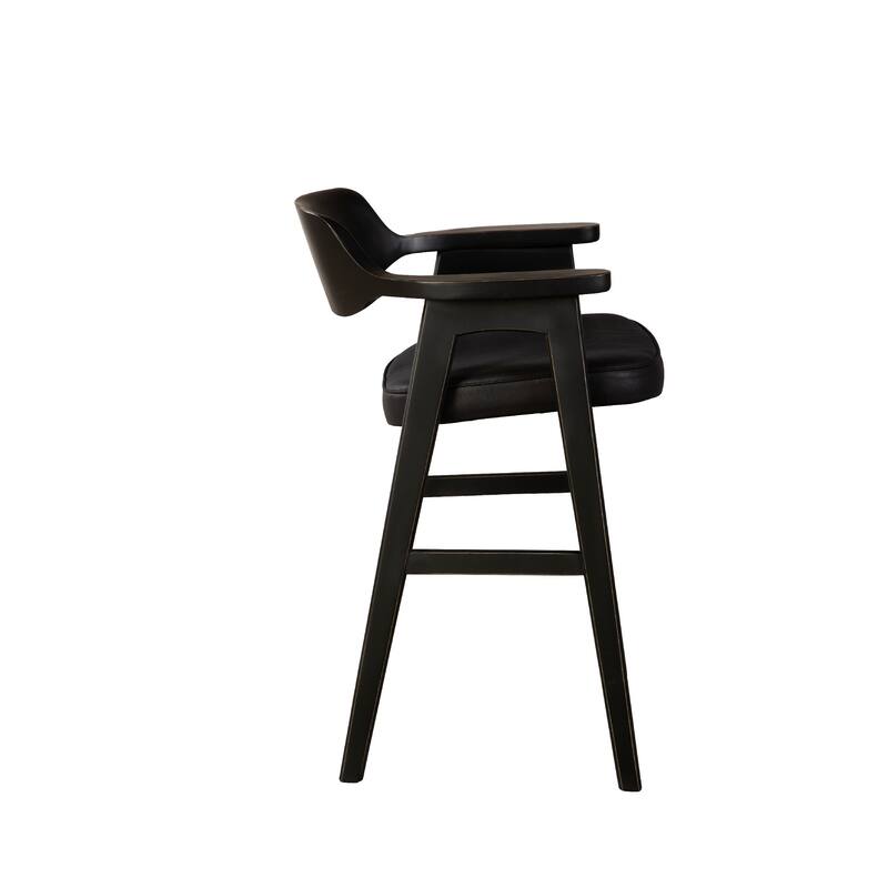 Zsy Counter Stool Chair, Open Back, Black Birch Wood and Faux Leather