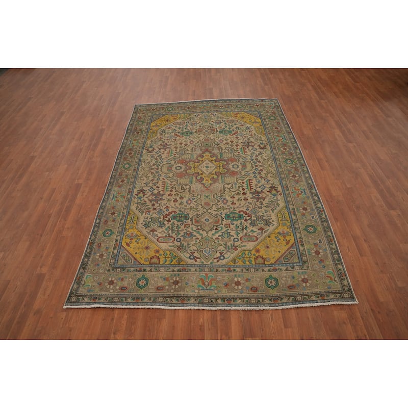 Hand Knotted Oriental 100% Wool Carpet Traditional Floral Brown Tabriz Area Rug - 9' 4'' X 6' 5''