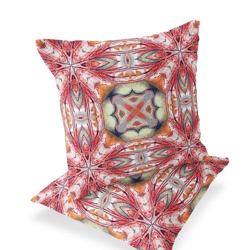 HomeRoots Set of Two 16" X 16" Green and Red Blown Seam Floral Indoor Outdoor Throw Pillow - 16.00' X '16.00' X '5.00