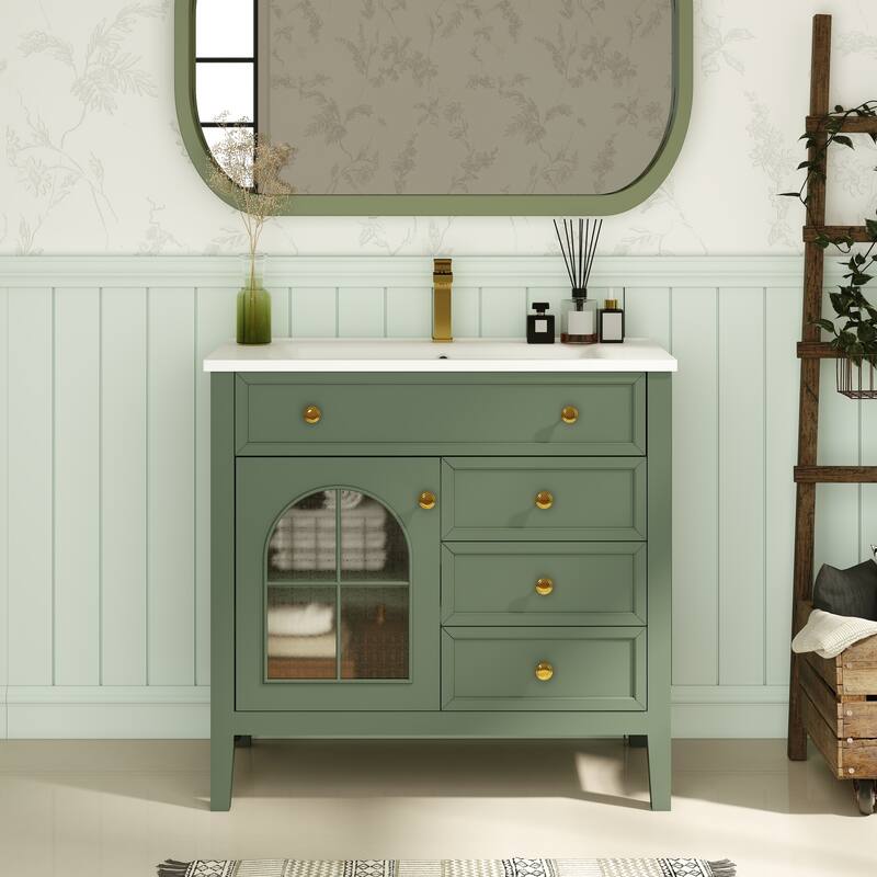 35.6-Inch Mid-Century Bathroom Vanity Sink with Patterned Glass & Motion-Sensor Light Strip, High-End Vanity Cabinet