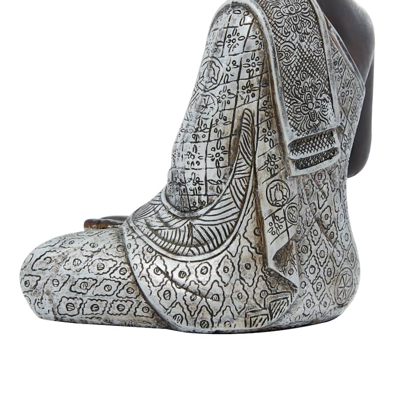 Silver Polystone Meditating Buddha Decorative Sculpture with Engraved Carvings and Relief Detailing