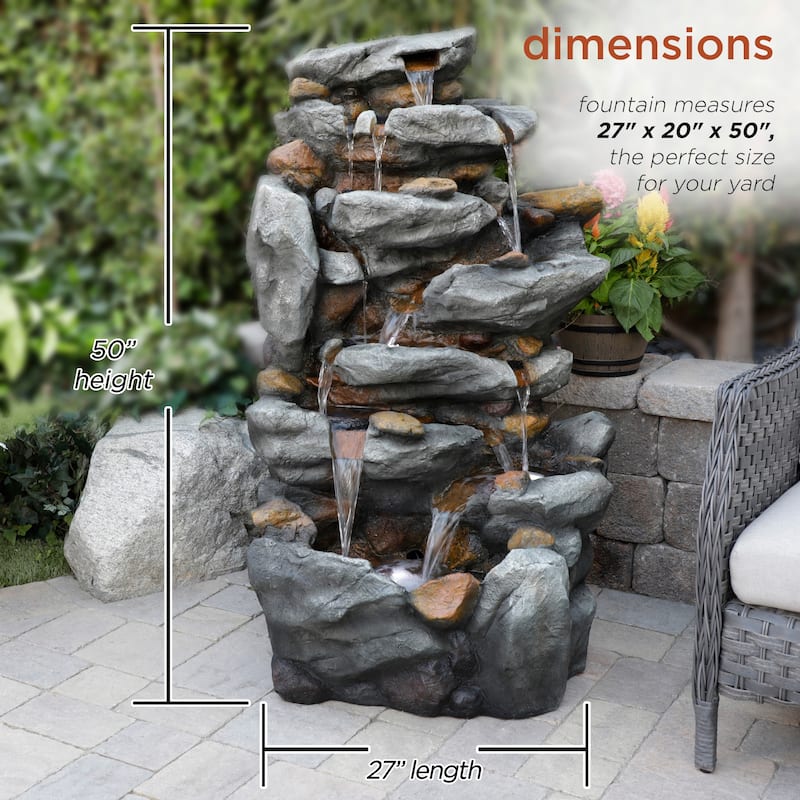 Alpine Corporation 50" Tall Outdoor 8-Tier Rock Waterfall Fountain with LED Lights, Grey
