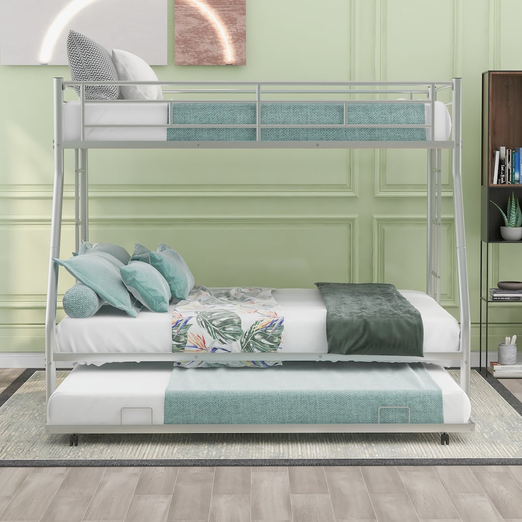 Twin Over Full Triple Bunk Bed with Trundle & Ladders, Steel Bedframe