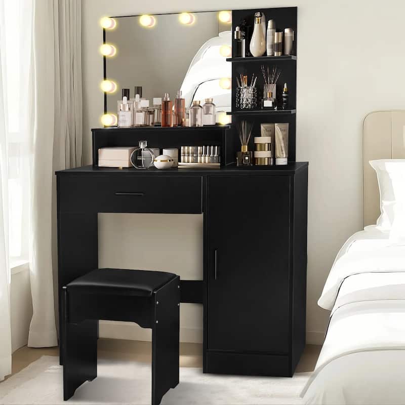 Vanity Desk with Mirror and Lights,with Drawer & Storage Cabinet,3 Adjustable Lighting Colors,with Open Shelves