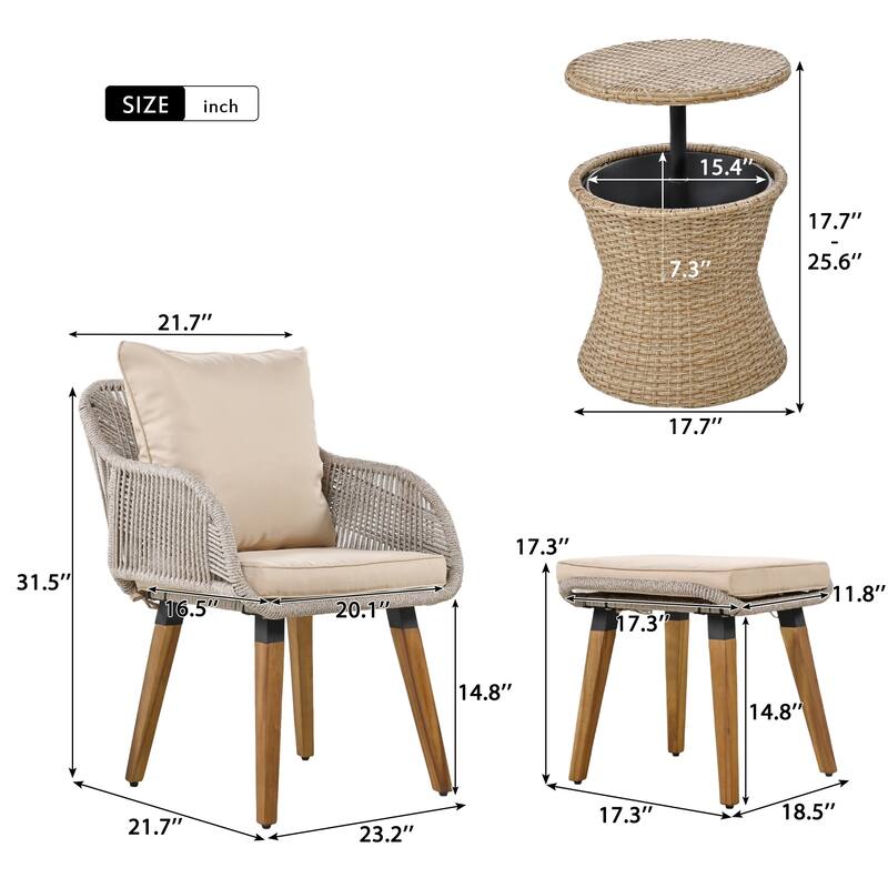 5 Pcs Outdoor Patio Furniture Set, All-Weather Patio Conversation Set with Wicker Cool Bar Table, Single Chairs and Ottomans