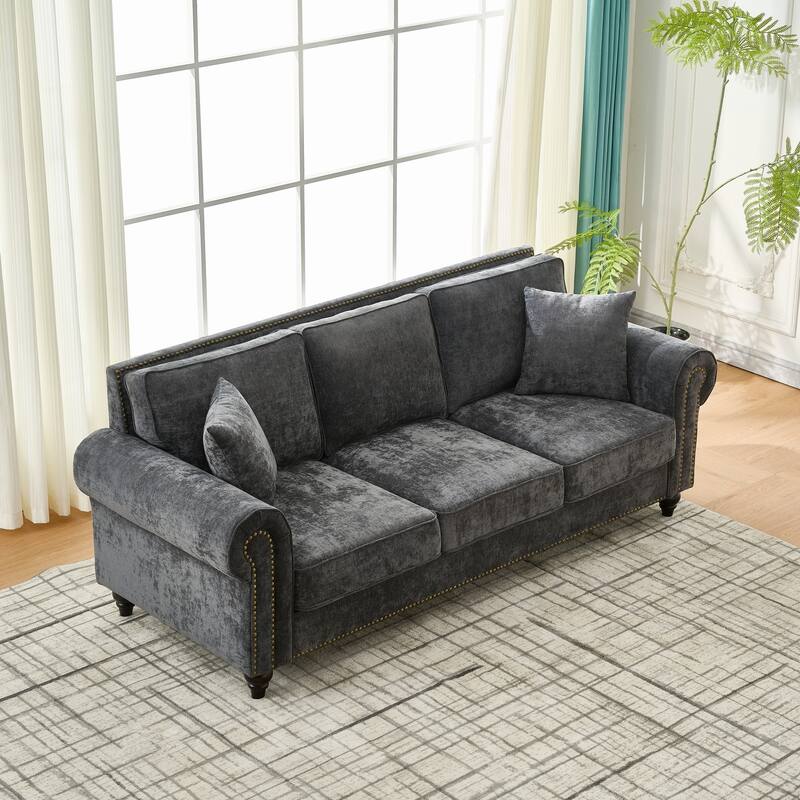 Living Room Deep Seat Rolled Arms Sofa Chenille Upholstered 3 Seater Couch with Wood Legs, Nailhead Trim and Pillows