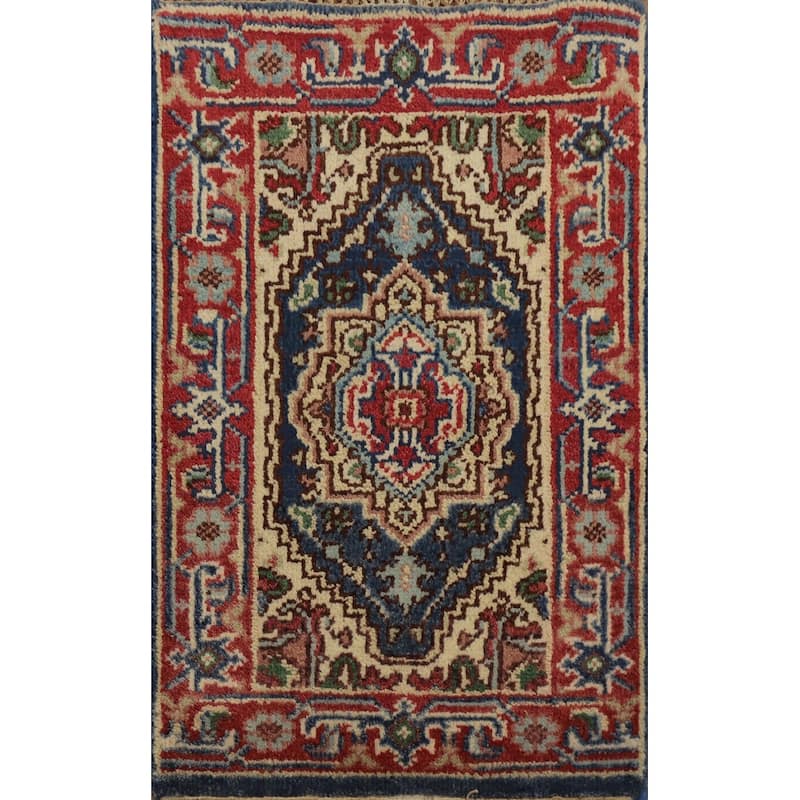 Hand Knotted Oriental 100% Wool Carpet Traditional Medallion Navy Blue & Blues Heriz (serapi) Area Rug - 3' 0'' X 2' 0''
