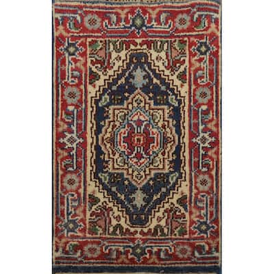 Hand Knotted Oriental 100% Wool Carpet Traditional Medallion Navy Blue & Blues Heriz (serapi) Area Rug - 3' 0'' X 2' 0''