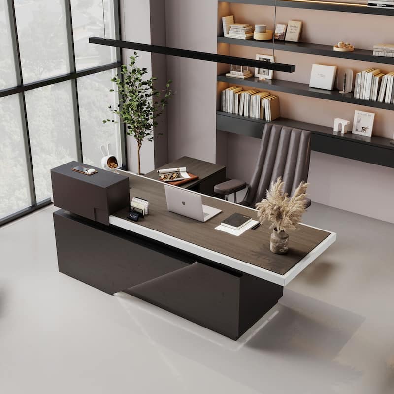 WESOME L Shaped Executive Desk with Cable Box Socket and LED Light for Home Office