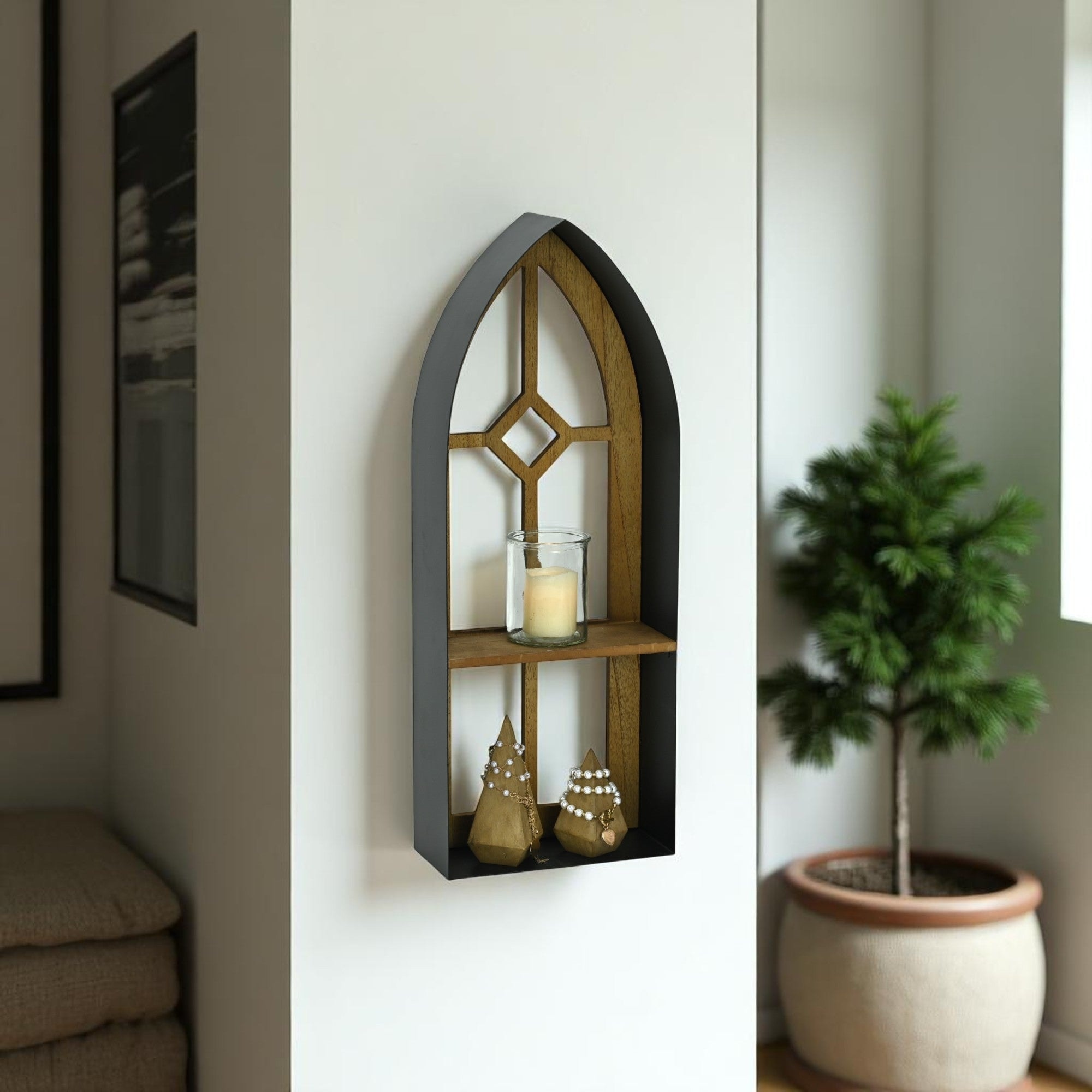 Meliora Cathdral Window Metal & Wood 2 Tier Wall Shelf