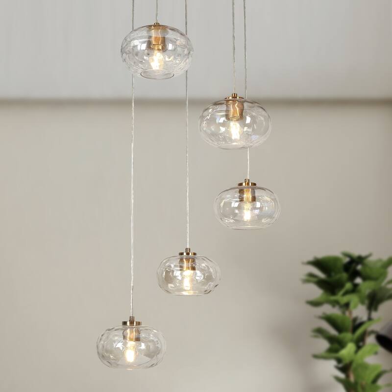 Modern 5-Light Gold Cluster Chandelier Iridescent Textured Glass Pendant for Kitchen Island Stairwell - D24" x H66" Max