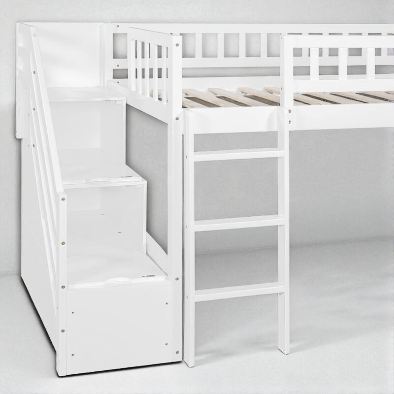 Twin Size Loft Bed with Slide and Storage Stairs, Convertible Ladder and 2 Drawers, Wood Frame