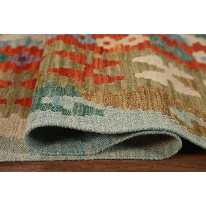 Hand Woven Oriental 100% Wool Carpet Southwestern Geometric Green Kilim Area Rug - 9' 8'' X 6' 8''