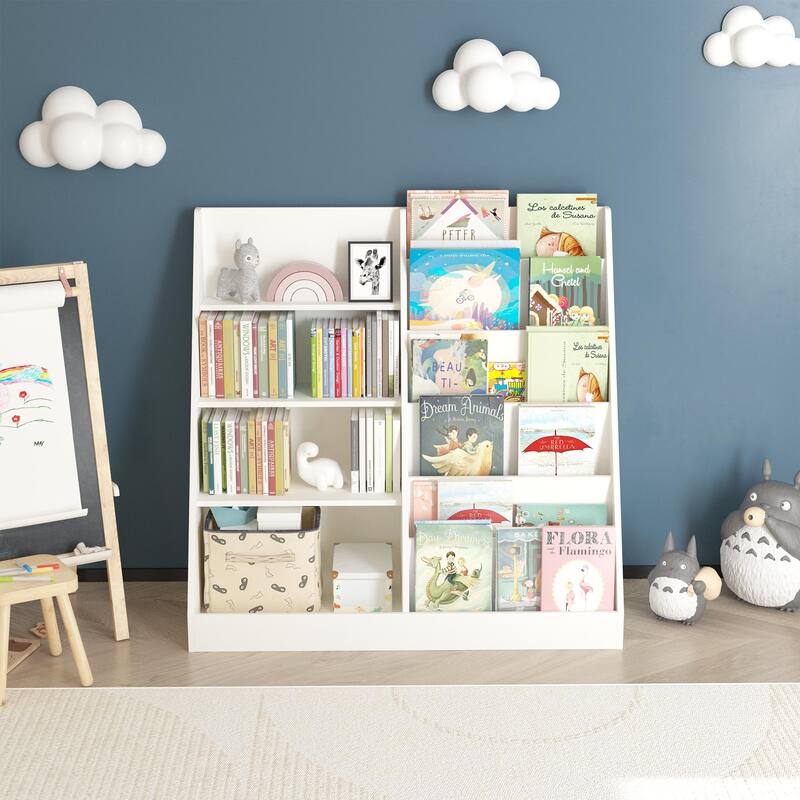 Kids Bookshelf and 4 Tier Open Book Wooden Toy Storage Organizer，for Playroom,Bedroom,Nursery School