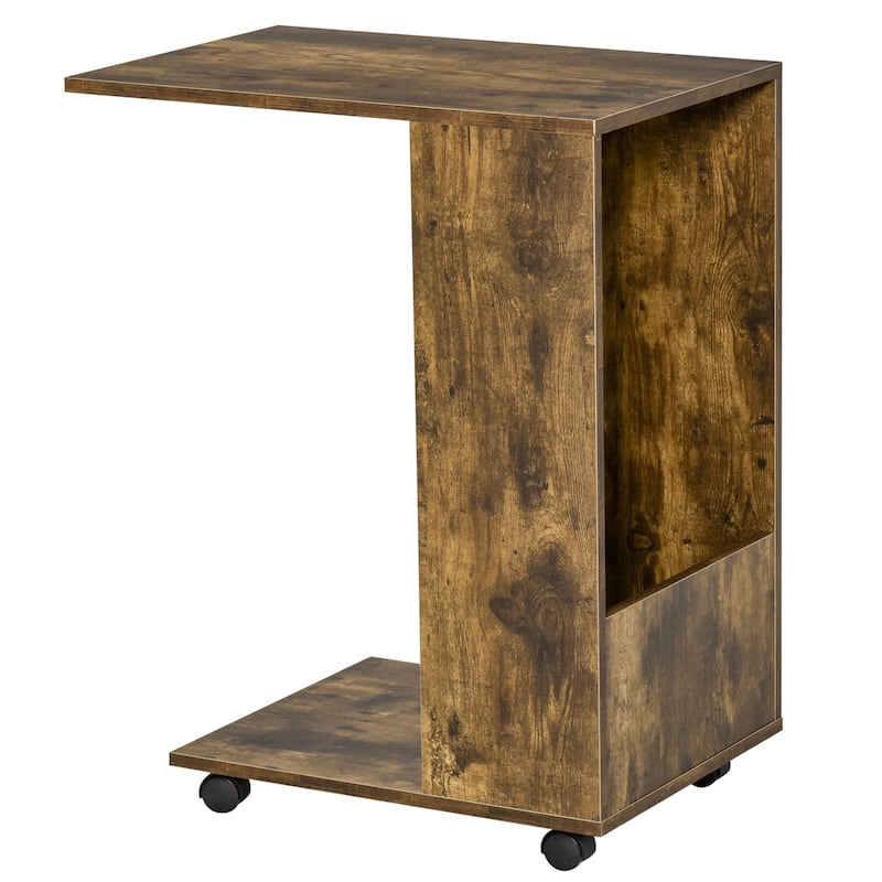 HOMCOM C-Shaped Sofa Side Table Mobile End Table with Storage and Wheels for Living Room, Bedroom, Office