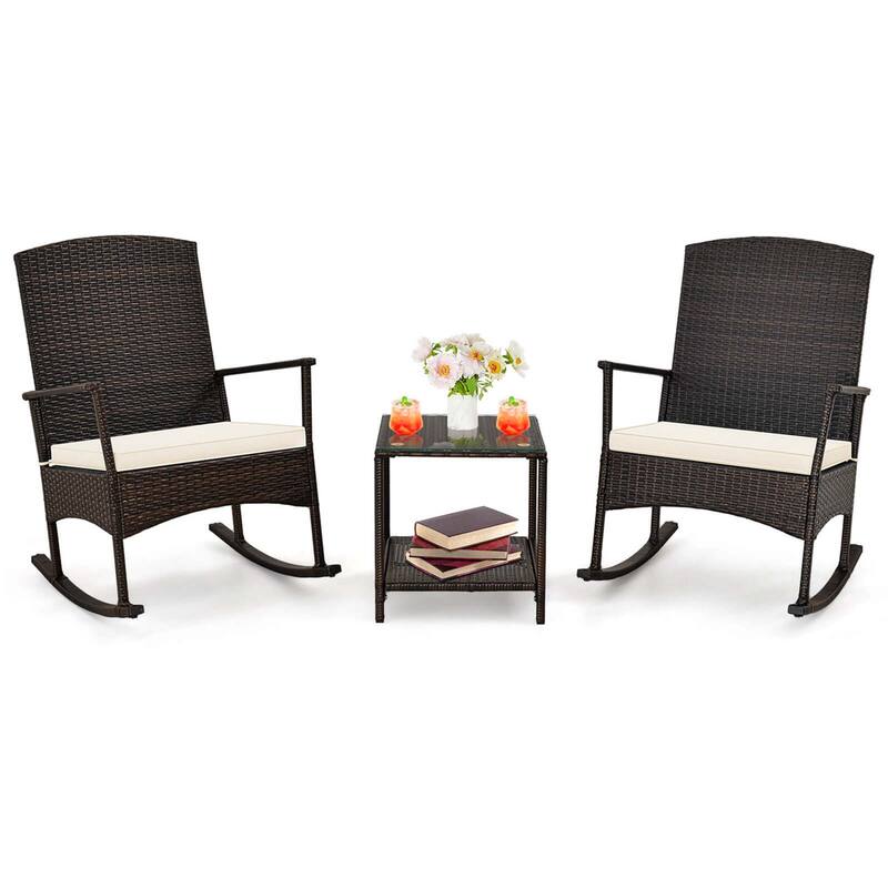 3 PCS Patio Rocking Set Wicker Rocking Chairs with 2-Tier Coffee Table - White