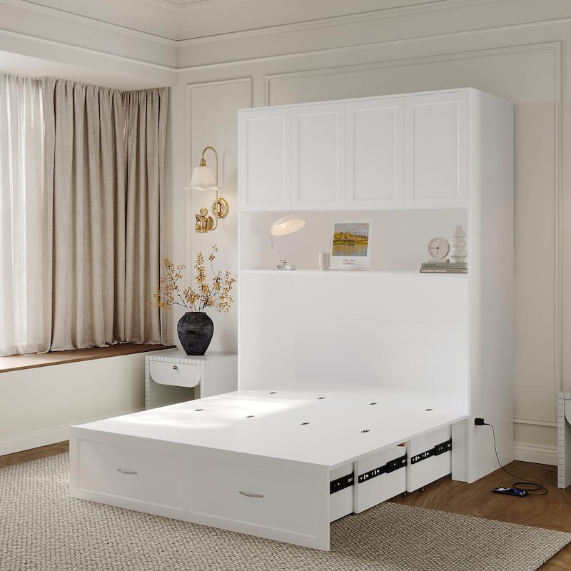Full Size Storage Bed with Cabinet Convertible Pull Out Platform Bed with Power Outlets