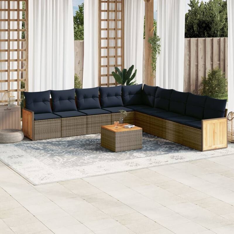 vidaXL 9/10 Piece Patio Sofa Set with Cushions Black/Gray Poly Rattan - 21.7 x 24.4 x 27.2 - Gray With table