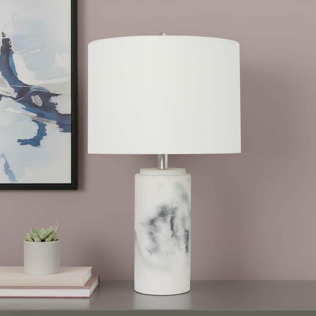 HomeRoots 24" White And Black Faux Marble Concrete Table Lamp With White Drum Shade - 14.00 in. x 23.75 in. x 14.00 in.
