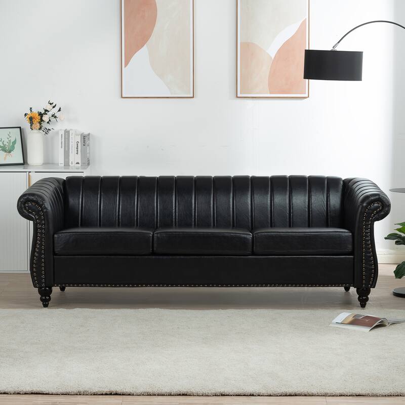 Chesterfield Sofa 83.46" with PU Leather, Quilted Backrest, Birch Legs