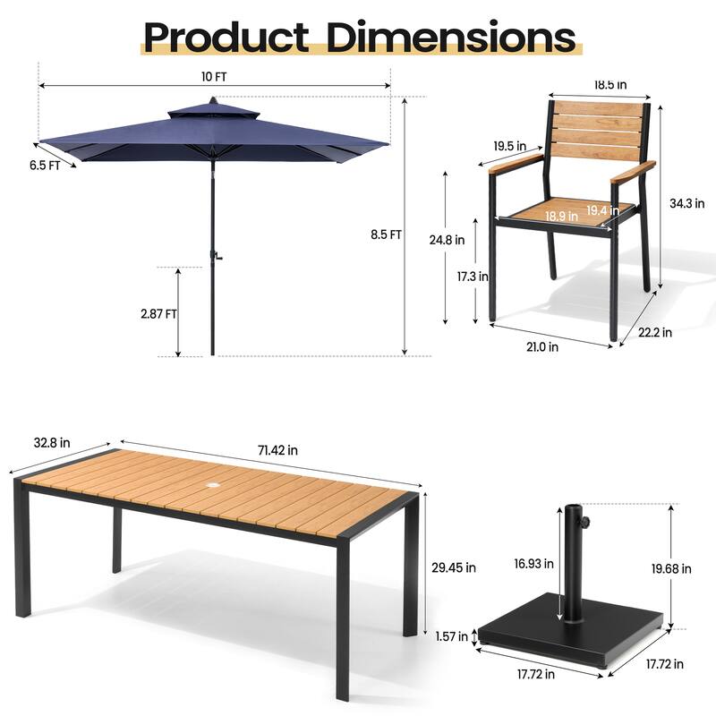 9-Piece Outdoor Patio Dining Set Wood Like Aluminum Umbrella Hole Table with Stackable Armchairs, Market Umbrella and Base