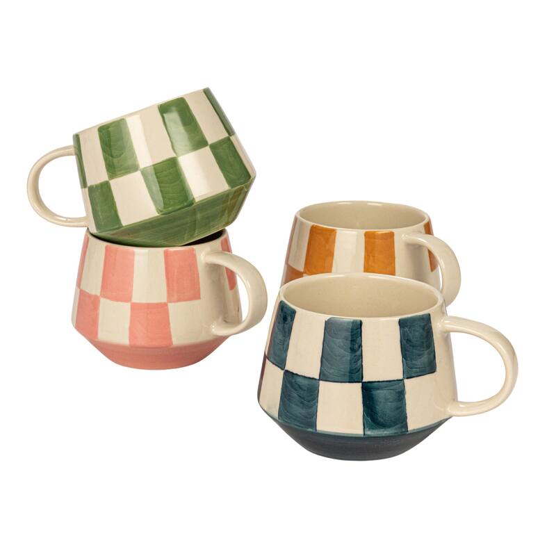 Stoneware Mug Set with Checkered Patterns - 4.8"L x 3.4"W x 3.3"H