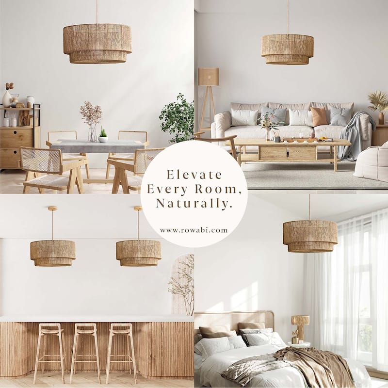 Luminous Rattan Pendant Light - Natural Drum Handwoven Light Fixture For Modern, Transitional, Farmhouse, Boho Room Décor.