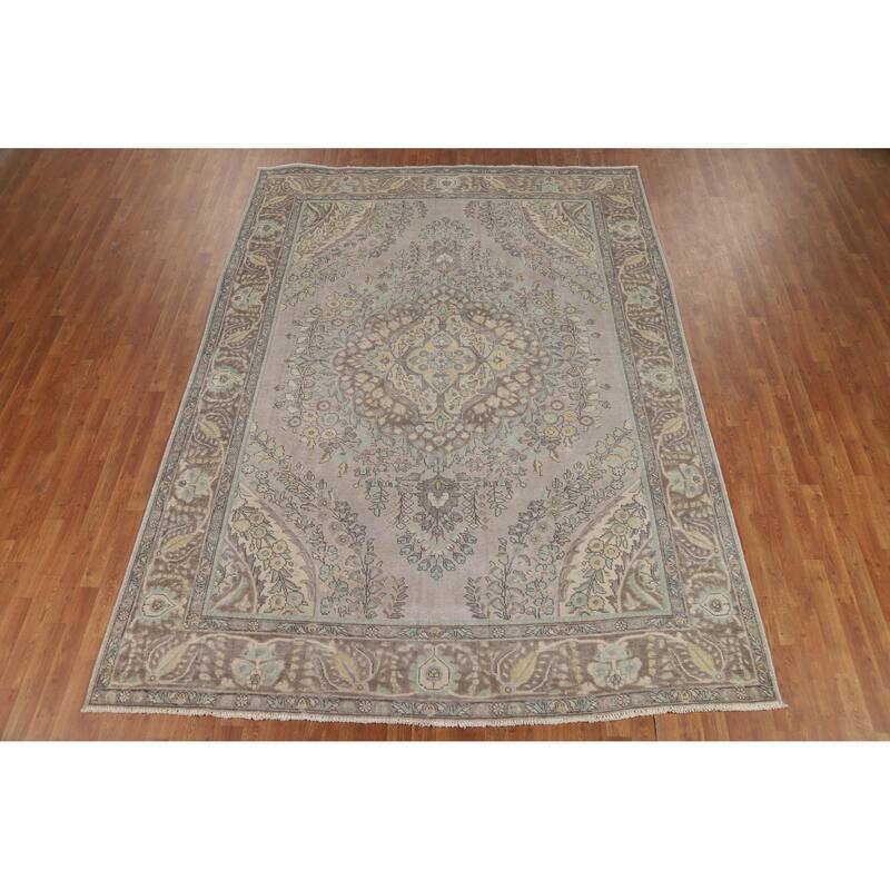 Gray Medallion Tabriz Persian Vintage Rug Hand-Knotted Wool Carpet - 7'10" x 10'9"