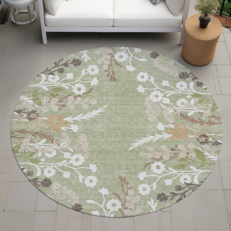 Machine Washable Indoor/ Outdoor Floral Border Chantille Rug - Aloe - 8' x 8'