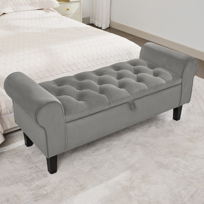 Velvet Storage Bench With Rubber Wood Legs for Bedroom