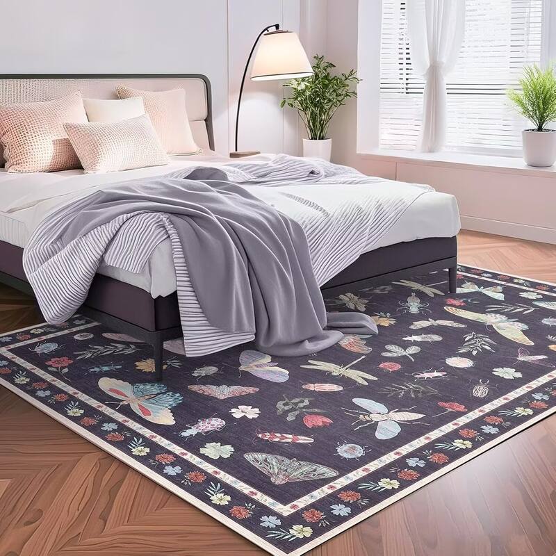 Floral Insect Print Washable Area Rugs for Living Room, Modern Non Slip Low Pile Area Rug