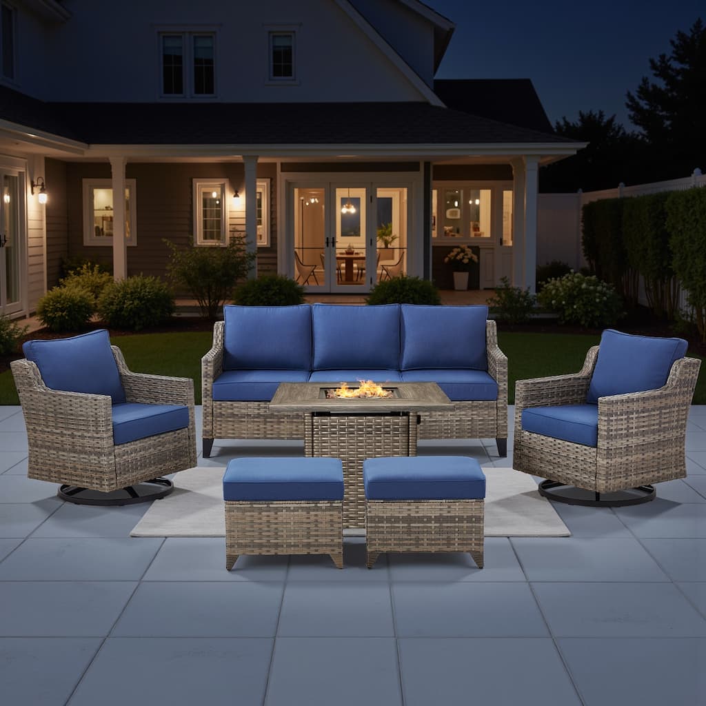 Pocassy 6-Piece Outdoor Sofa Siwvel Chair Ottoman w/ Fire Table